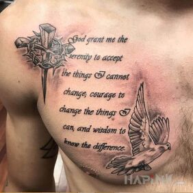 Tattoo Prayer for serenity on the chest motif: animals style: calligraphy