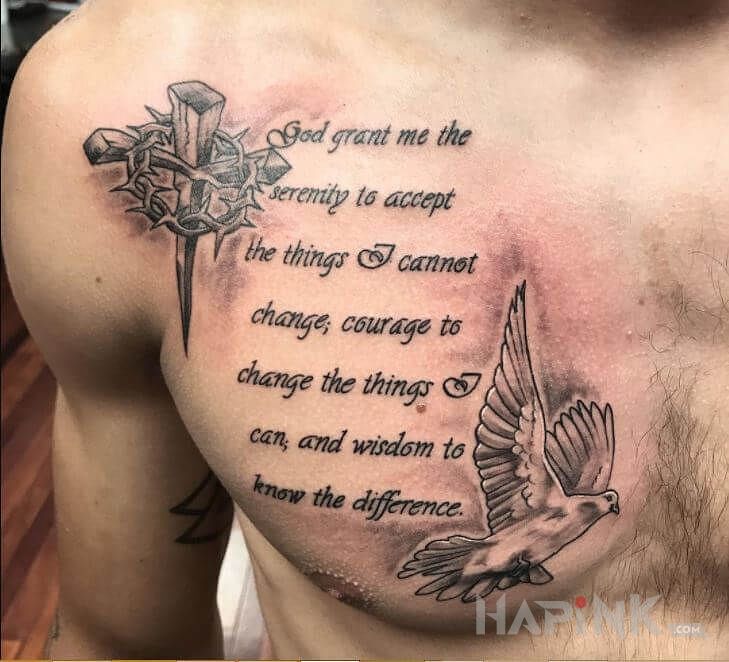 Tattoo Modlitwa o pogodę ducha in religious motif and graphic / illustrative style on the chest