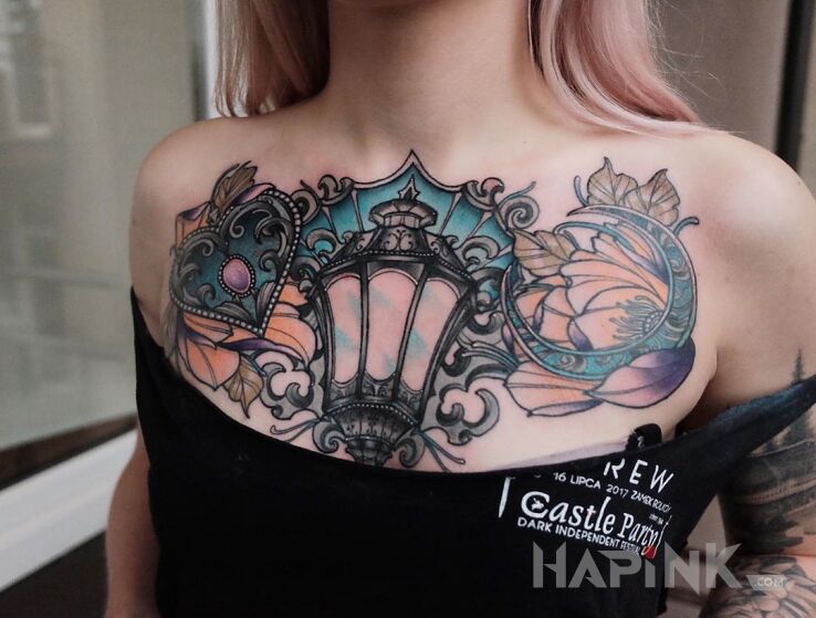Tattoo Lampa / Ornamenty / Kwiaty / Neotraditional in colorful motif and neo-traditional style on the breast