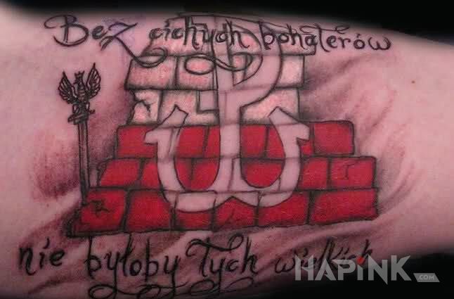 Tattoo Sama prawda in patriotic motif on the forearm