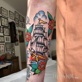 Tattoo Ship / Ship / Old School / Traditional on the forearm motif: colorful style: oldschool