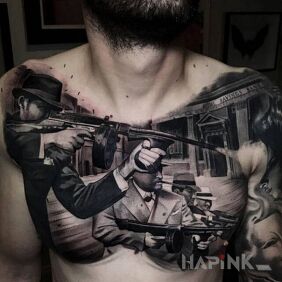 Tattoo Gangsters on the chest motif: characters style: realistic