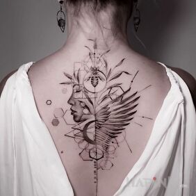 Tattoo Interesting design on the back motif: faces style: graphic / illustrative