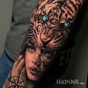 Tattoo Tiger woman on the forearm motif: animals style: realistic