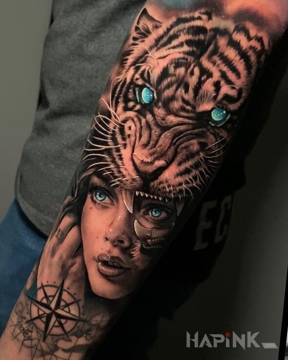 Tattoo Tiger woman in animals motif and realistic style on the forearm