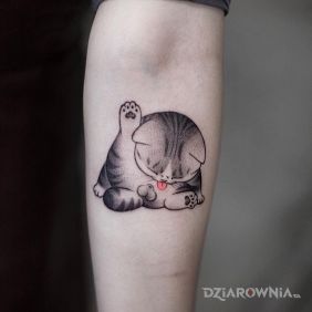 Tatuaż Kotecek na przedramieniu motyw: czarno-szare styl: graficzne / ilustracyjne