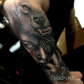 Tattoo The girl and the bear on the forearm motif: characters style: realistic