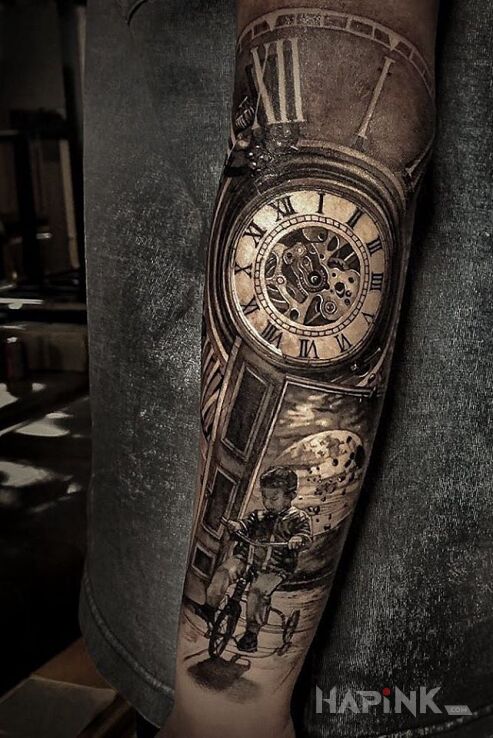 Tattoo Chłopczyk na trójkołowcu in characters motif and realistic style on the forearm