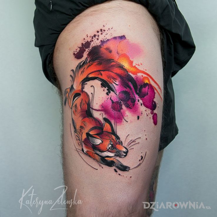 Tatuaż lis  akwarela  watercolor w motywie zwierzęta i stylu watercolor na nodze