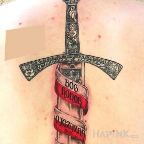 Tattoo Szczerbiec on the back motif: patriotic