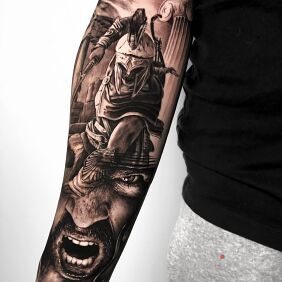 Tattoo Warrior of Sparta on the forearm motif: black and gray style: realistic