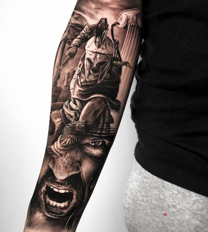 Tattoo Wojownik Sparty in 3D motif and realistic style on the forearm