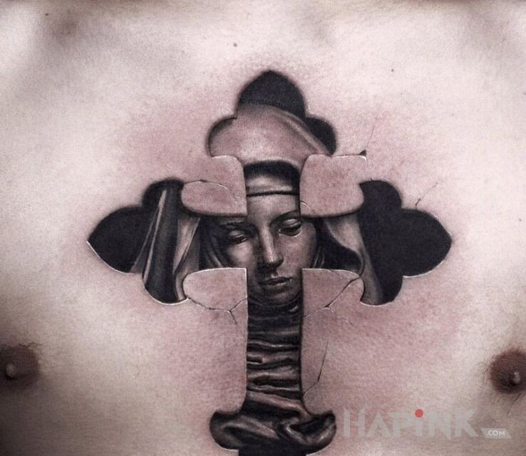 Tattoo Krzyz in characters motif on the chest