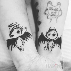 Tattoo Angel and demon on the wrist motif: demons style: graphic / illustrative