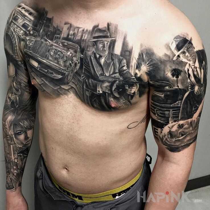 Tattoo Czas prawdziwych gangsterow in characters motif and realistic style on the upper arm
