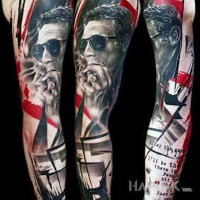 Tattoo Guy in trash polka on the forearm motif: sleeves style: trash polka