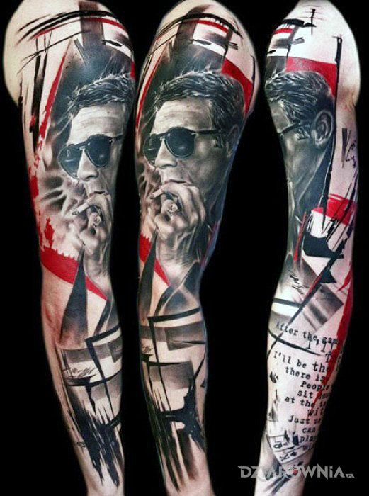 Tatuaż facet w trash polce w motywie napisy i stylu trash polka na przedramieniu