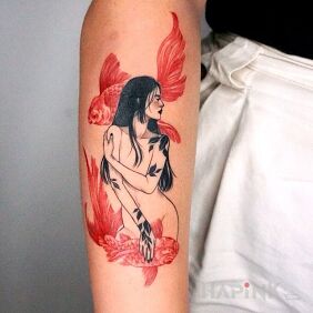 Tattoo Girl dancing with carps on the forearm motif: animals style: japanese / irezumi