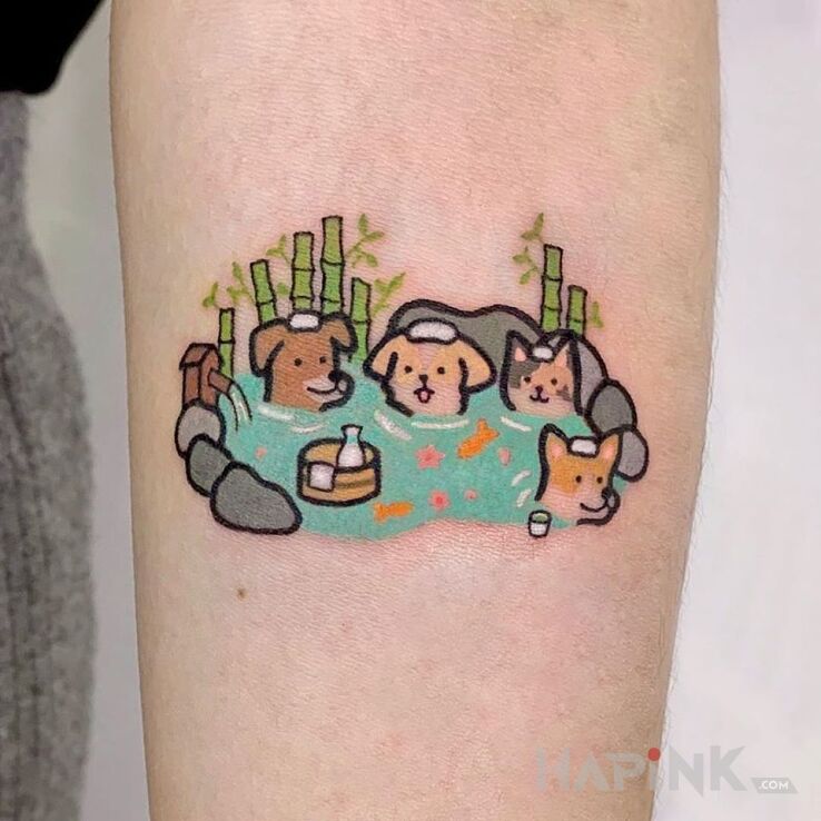 Tattoo Psia impreza xD in colorful motif and graphic / illustrative style on the forearm