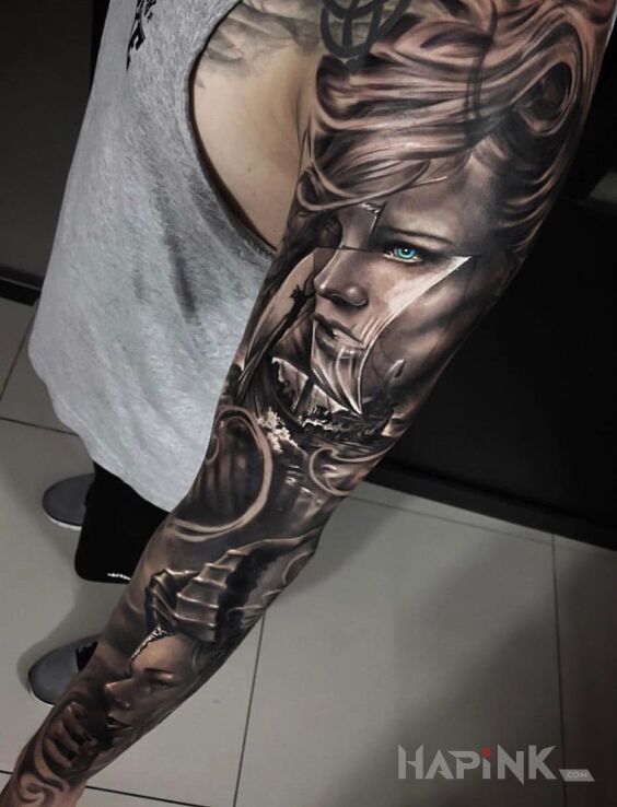 Tattoo Dziewczyny wikingów in faces motif and realistic style on the forearm