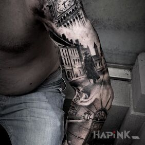 Tattoo London on the upper arm motif: characters style: realistic