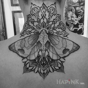 Tattoo Moth / Mandala / Dotwork on the nape motif: butterflies style: dotwork