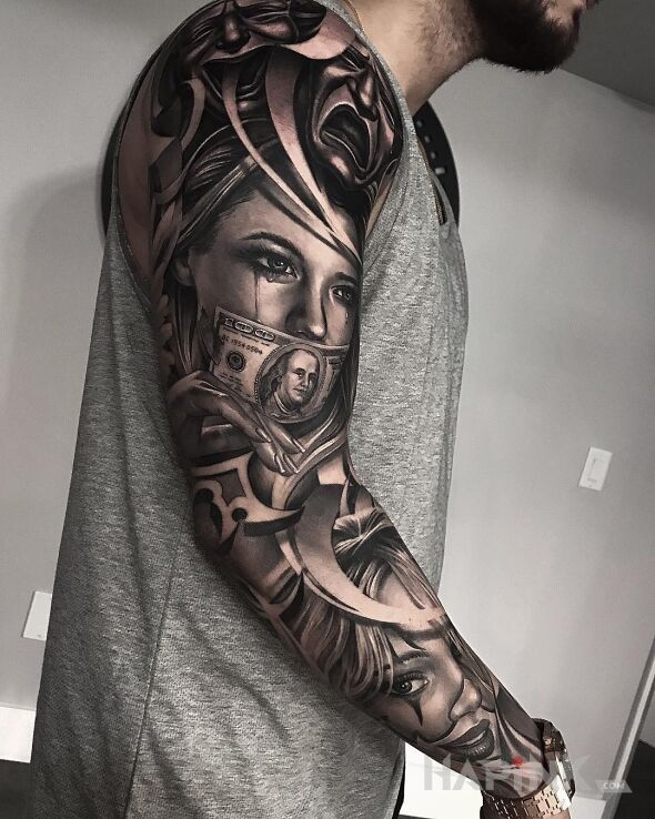 Tattoo Kasa zapewnia milczenie in black and gray motif and realistic style on the forearm