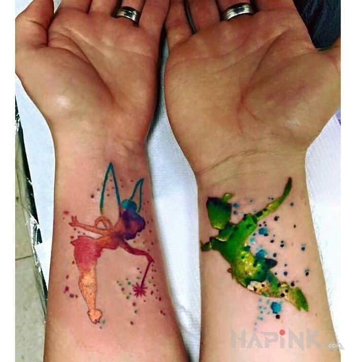 Tattoo Piotrus pan i dzwoneczek in characters motif and Watercolor style on the wrist