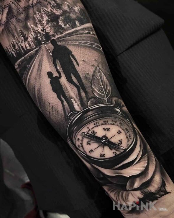 Tattoo Pora ruszać w drogę in objects motif and realistic style on the forearm