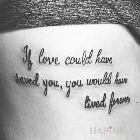 Tattoo The thing about love on the ribs motif: lettering style: calligraphy