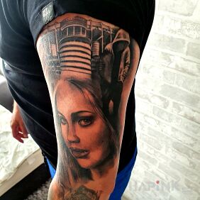 Tattoo SANTIAGO on the upper arm motif: faces style: realistic