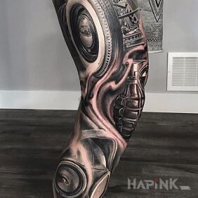 Tattoo Selfie on the calf motif: 3D style: realistic