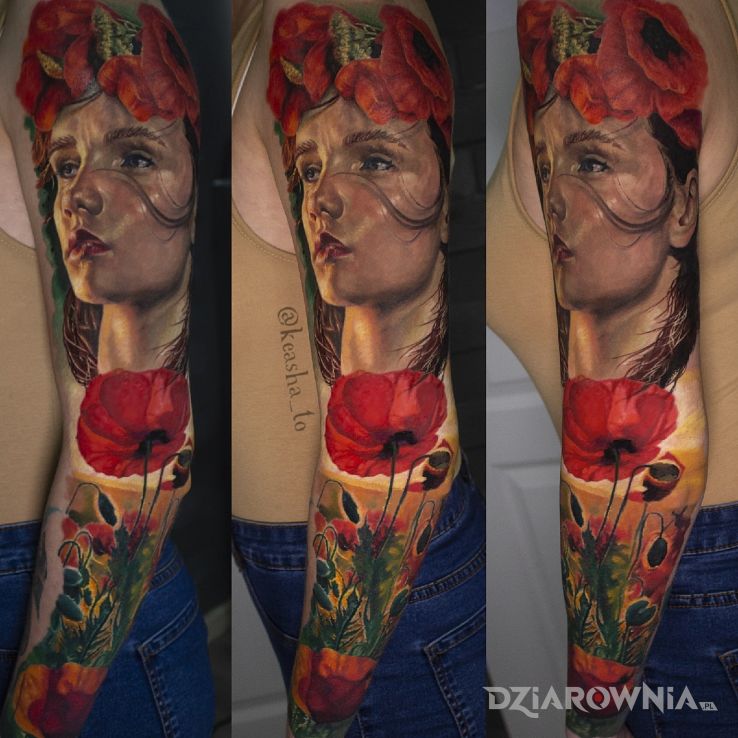 Tatuaż dziewczyna w makach w motywie kwiaty i stylu realistyczne na ramieniu