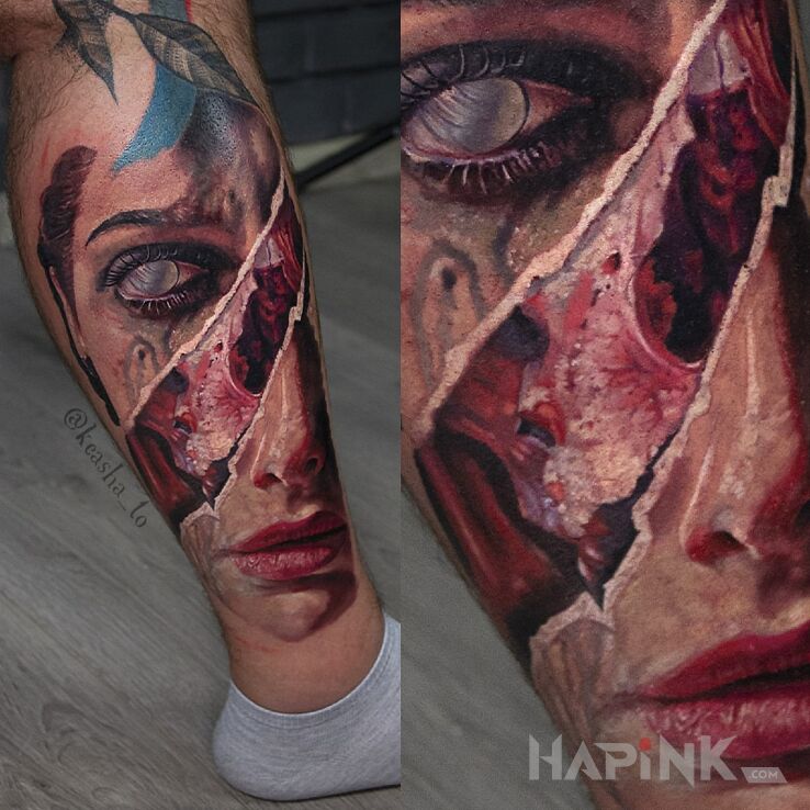 Tattoo Skull in dark motif and realistic style on the calf