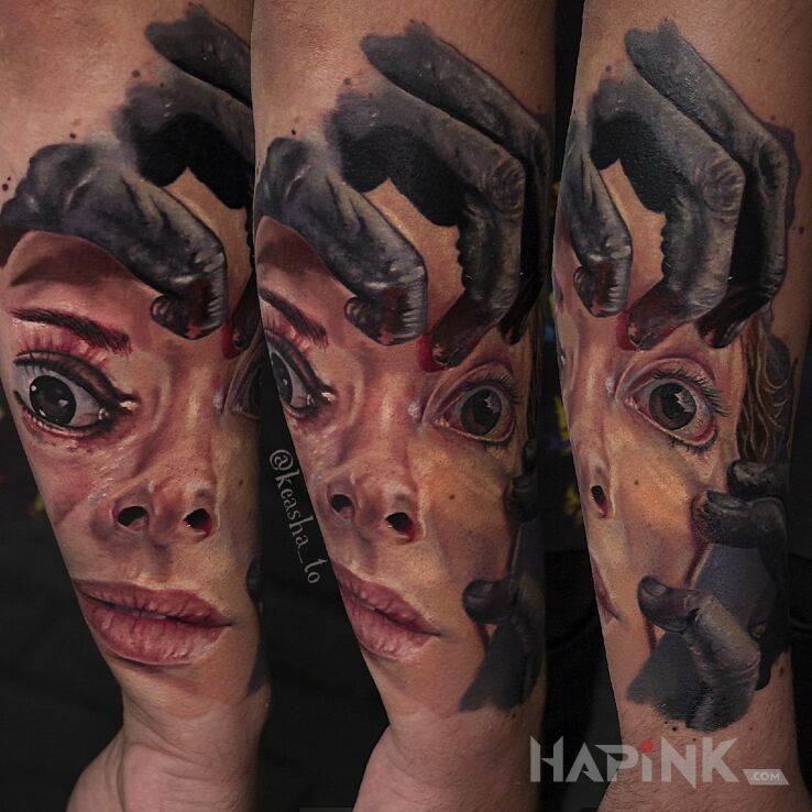 Tattoo Dziewczyna in dark motif and realistic style on the forearm