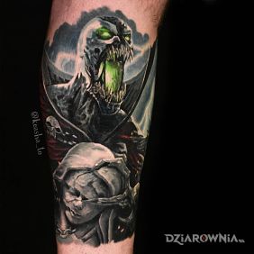 Tatuaż Spawn na łydce motyw: mroczne styl: realistyczne