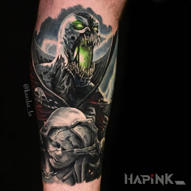 Tattoo Spawn in characters motif and realistic style on the calf