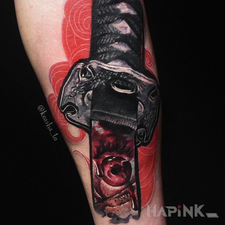 Tattoo Katana in colorful motif and graphic / illustrative style on the forearm