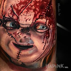 Tattoo Chucky on the leg motif: 3D style: realistic