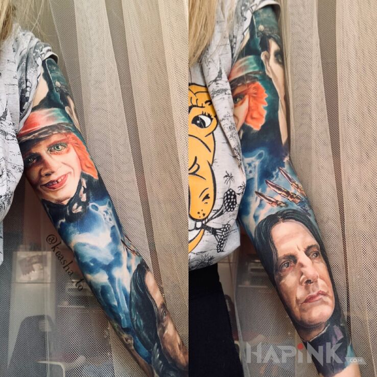Tattoo Severus Snape in colorful motif and realistic style on the upper arm