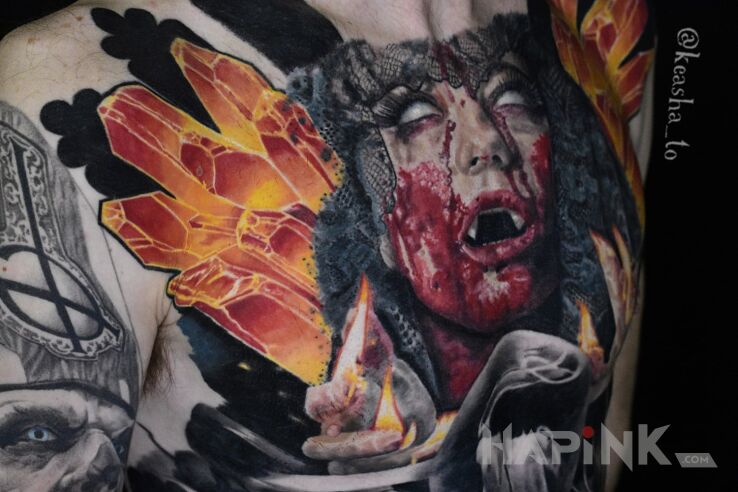 Tattoo Vampir in colorful motif and realistic style on the chest