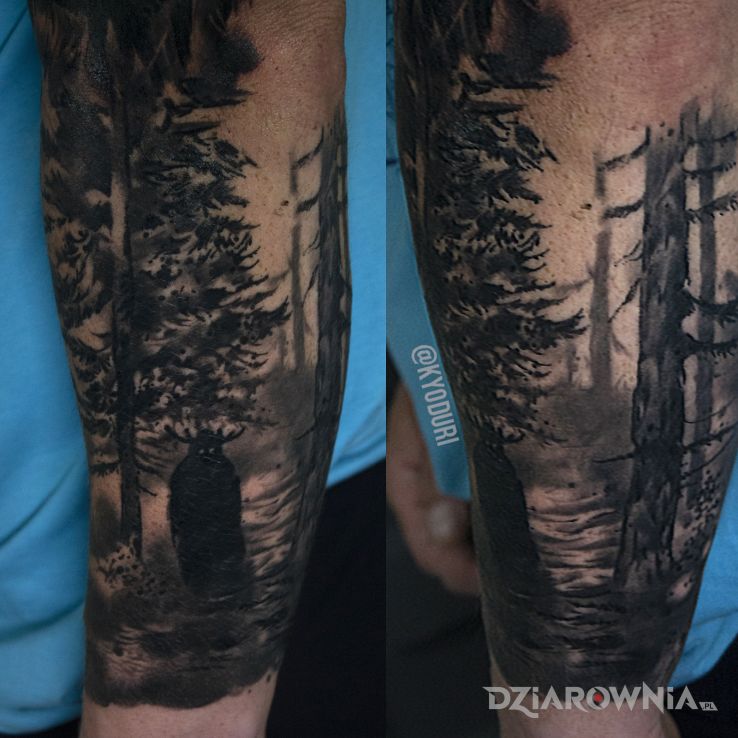 Tatuaż las w motywie mroczne i stylu realistyczne na przedramieniu