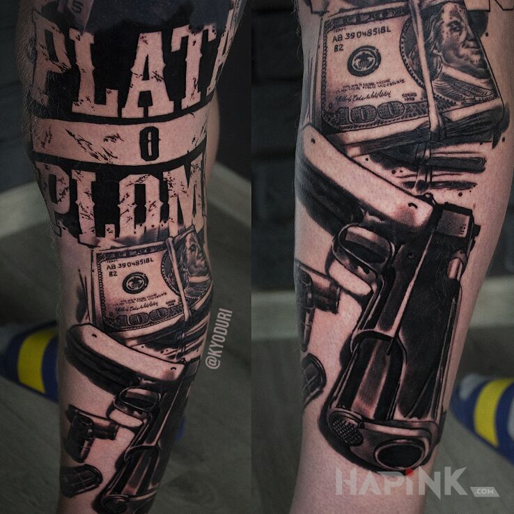 Tattoo Pistolet in black and gray motif and realistic style on the calf