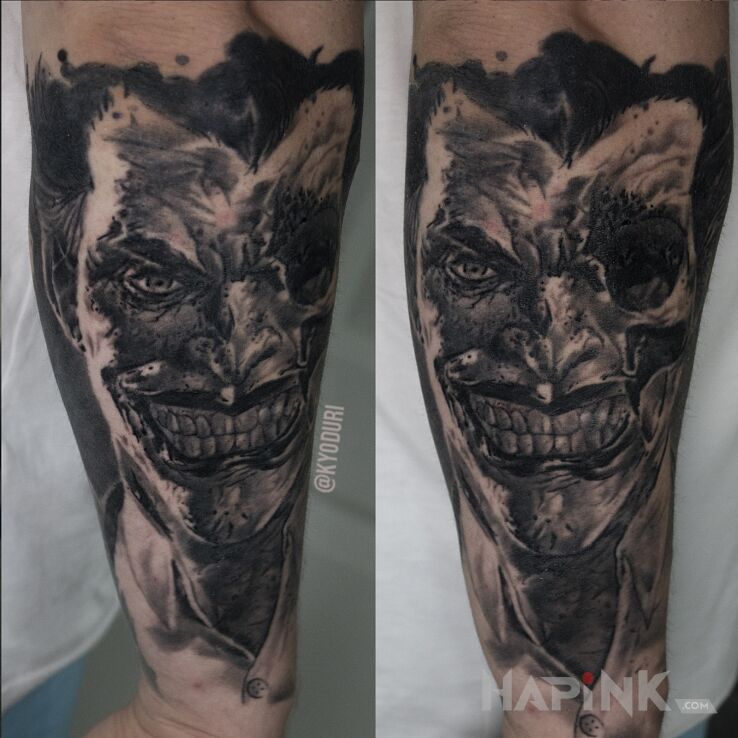 Tattoo Joker in 3D motif and realistic style on the forearm