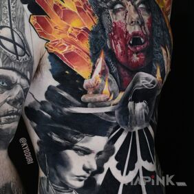 Tattoo Vampir girl on the stomach motif: 3D style: blackwork / blackout