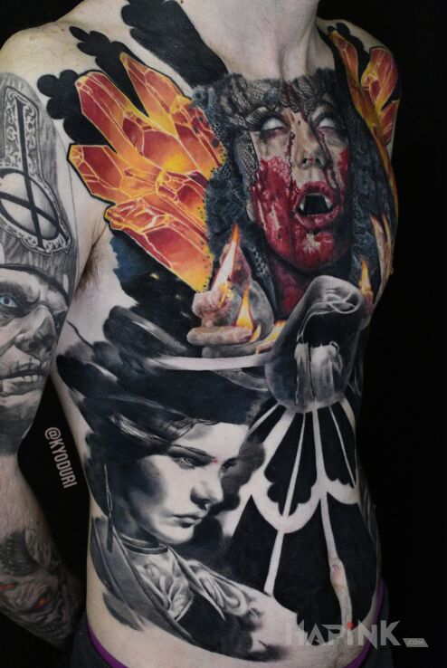 Tattoo Dziewczyna Vampir in dark motif and blackwork / blackout style on the stomach