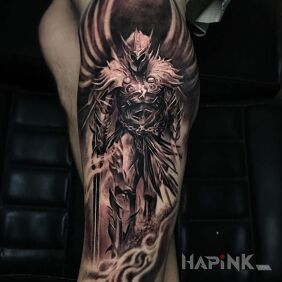 Tattoo Angel warrior on the calf motif: characters style: realistic