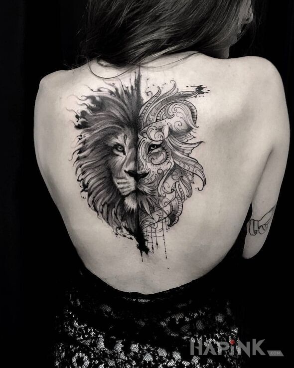 Tattoo Dwie twarze lwa in black and gray motif and graphic / illustrative style on the back