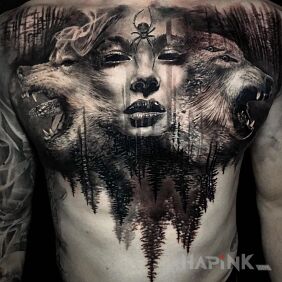 Tattoo Woman with wolves on the stomach motif: dark style: realistic