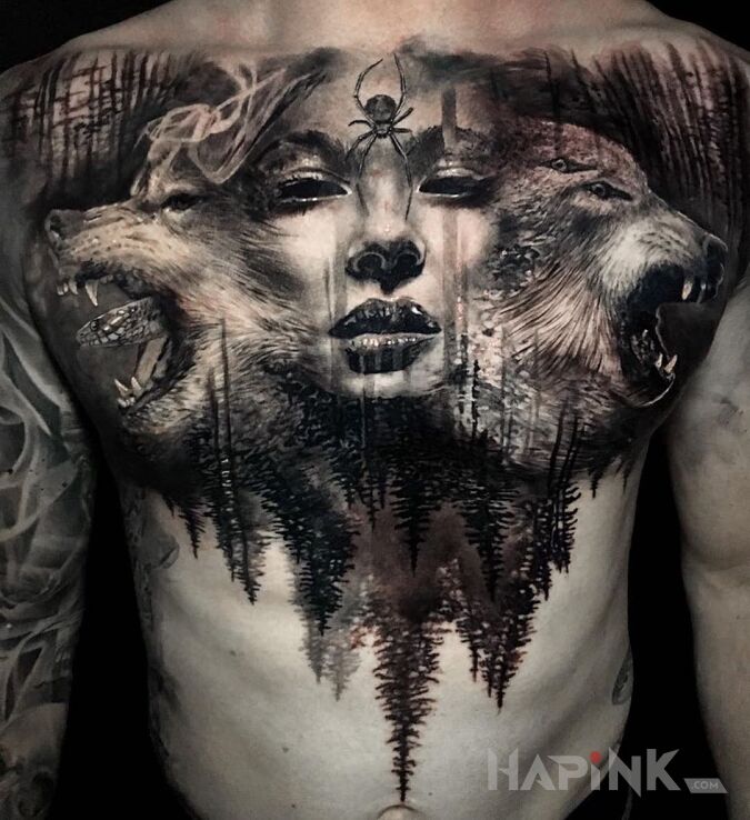 Tattoo Kobieta z wilkami in dark motif and realistic style on the chest